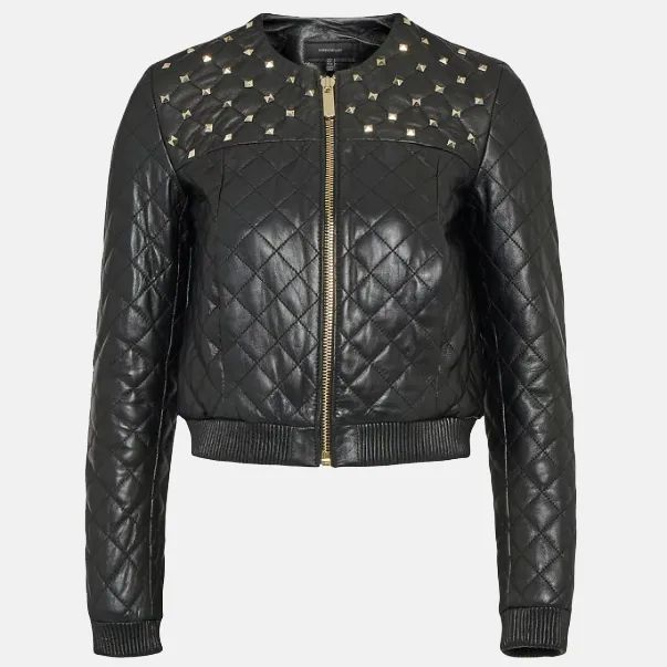 Women’s Black Leather Studded Bomber Jacket