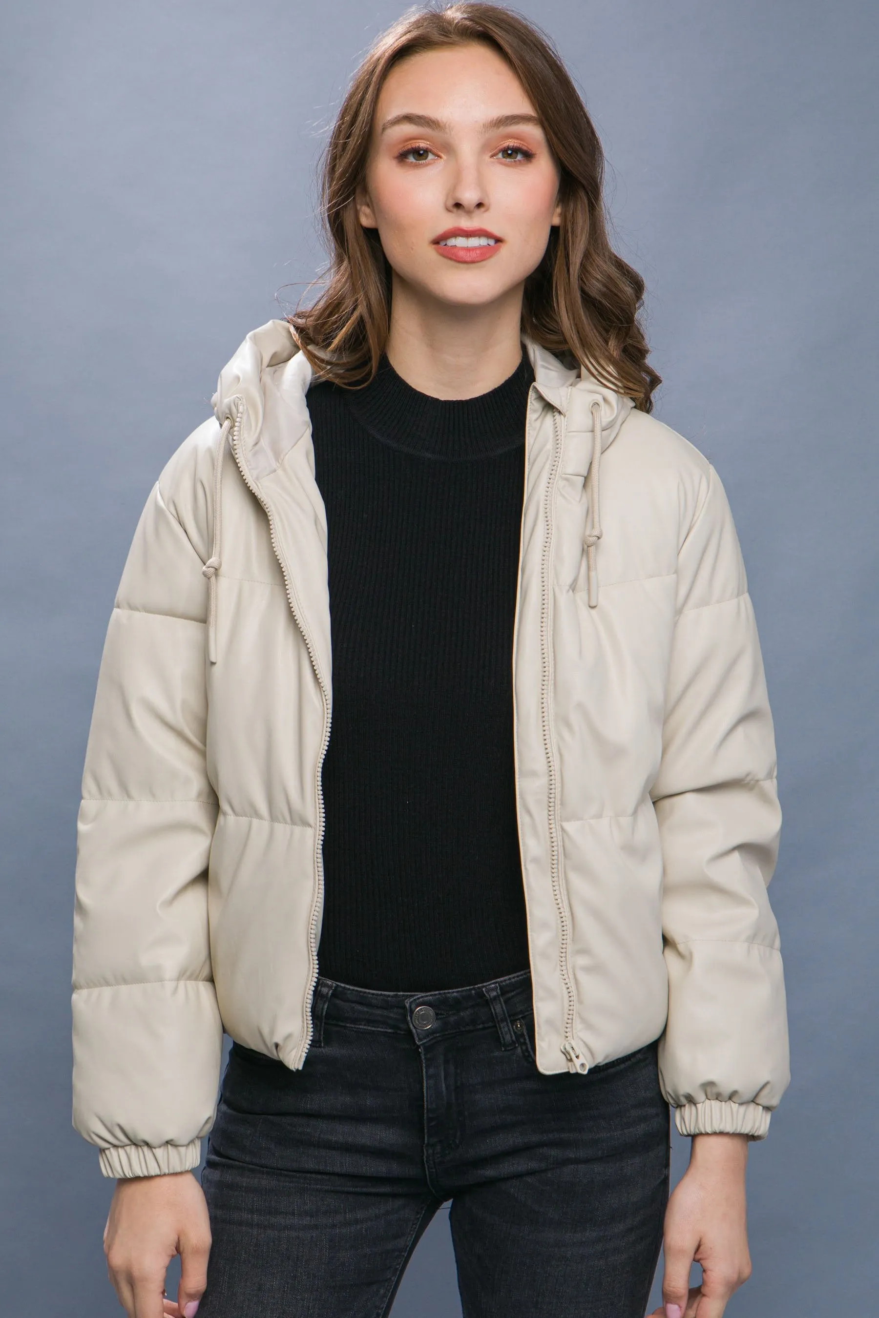 Women's faux leather zipper hooded puffer jacket