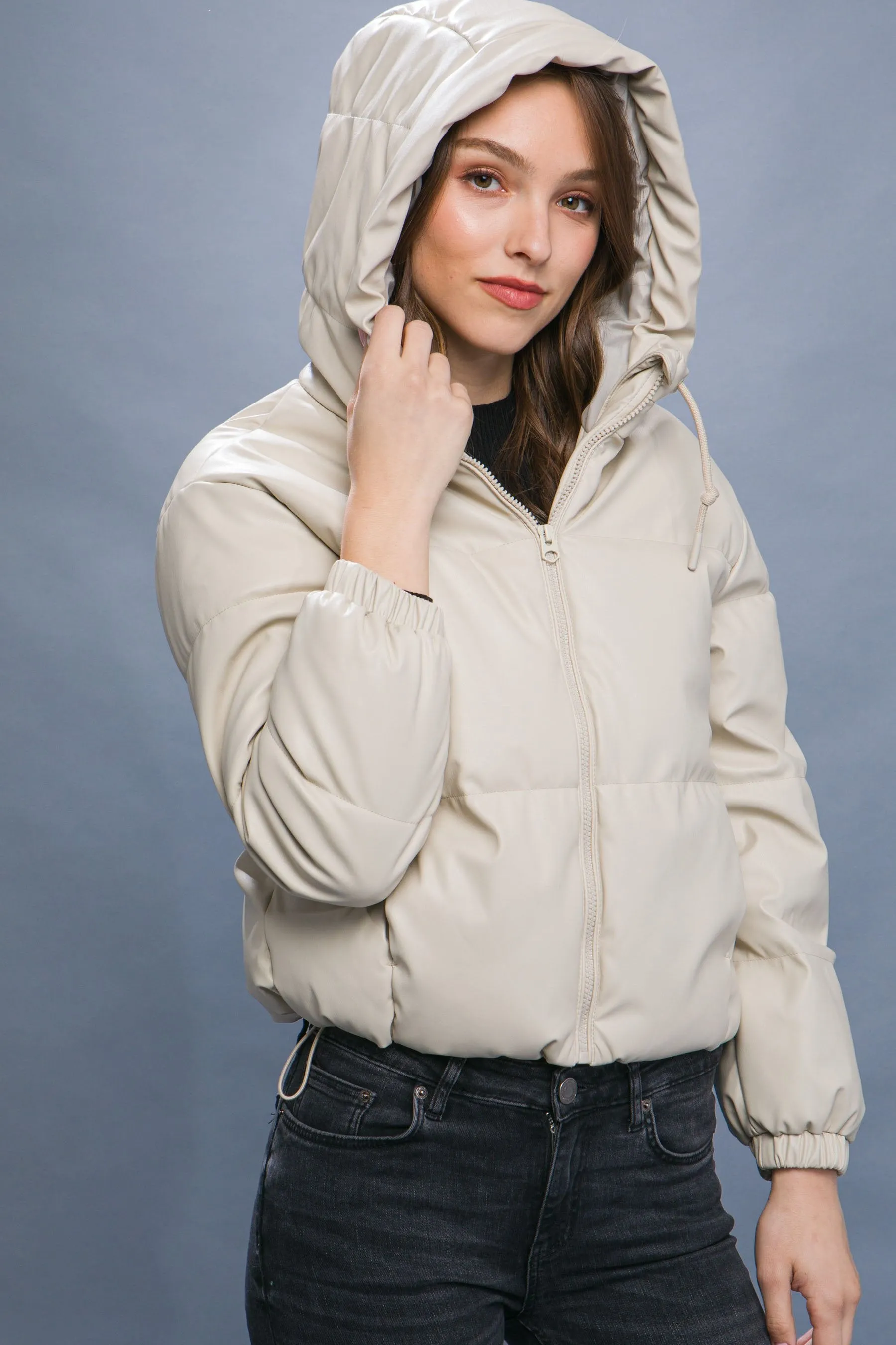 Women's faux leather zipper hooded puffer jacket