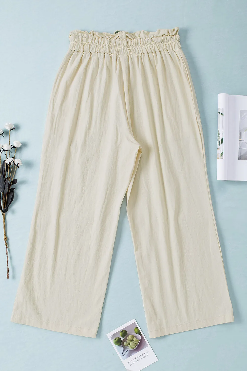 Women's High Waist Paper Bag Straight Leg Cropped Long Pants with Pocket