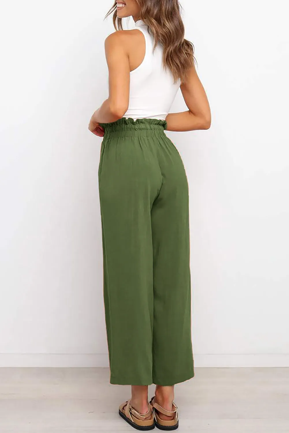 Women's High Waist Paper Bag Straight Leg Cropped Long Pants with Pocket