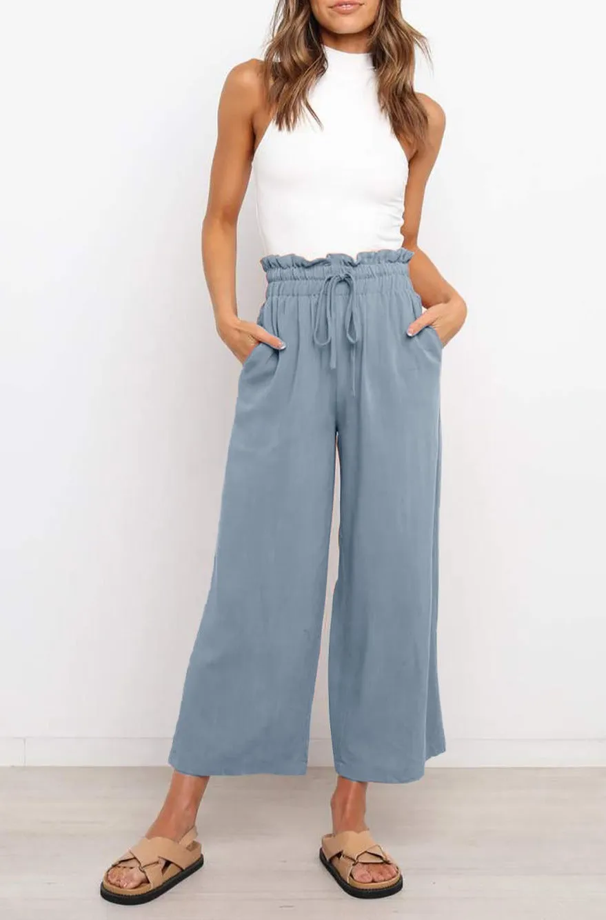 Women's High Waist Paper Bag Straight Leg Cropped Long Pants with Pocket