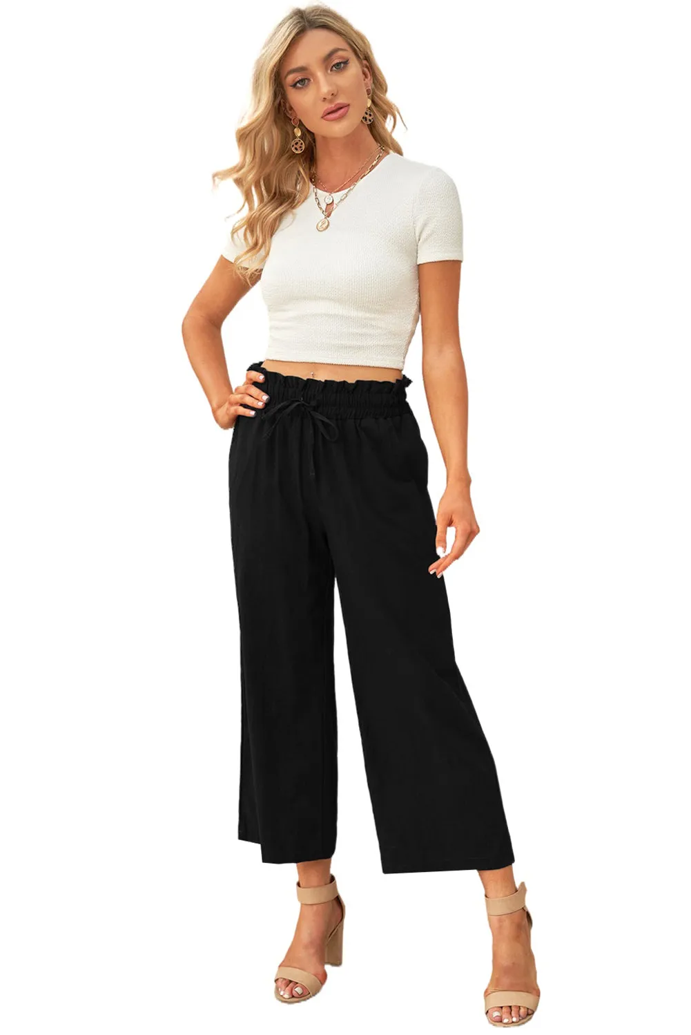 Women's High Waist Paper Bag Straight Leg Cropped Long Pants with Pocket