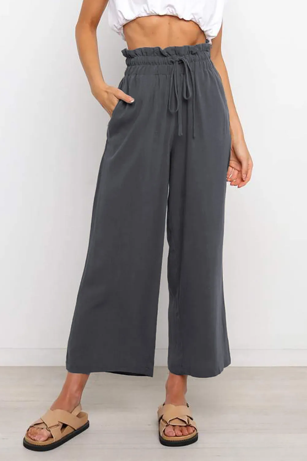 Women's High Waist Paper Bag Straight Leg Cropped Long Pants with Pocket