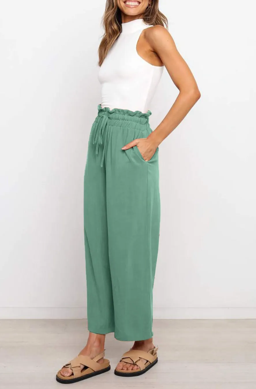 Women's High Waist Paper Bag Straight Leg Cropped Long Pants with Pocket