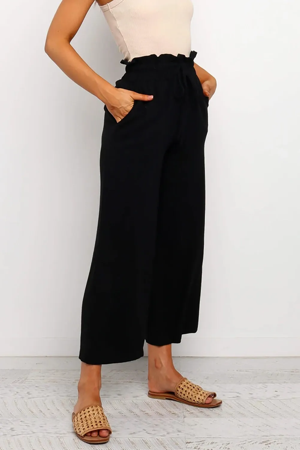 Women's High Waist Paper Bag Straight Leg Cropped Long Pants with Pocket