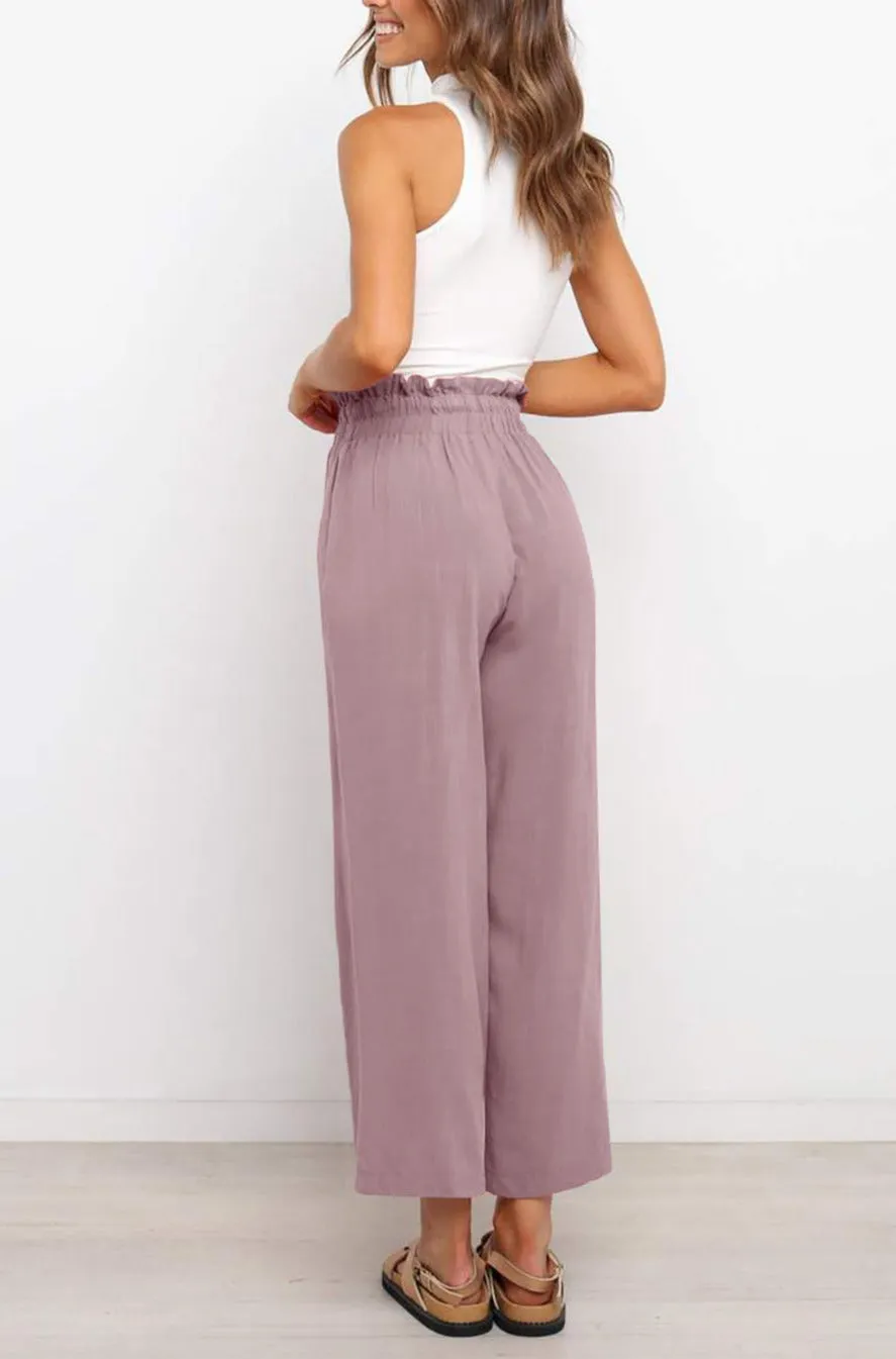 Women's High Waist Paper Bag Straight Leg Cropped Long Pants with Pocket