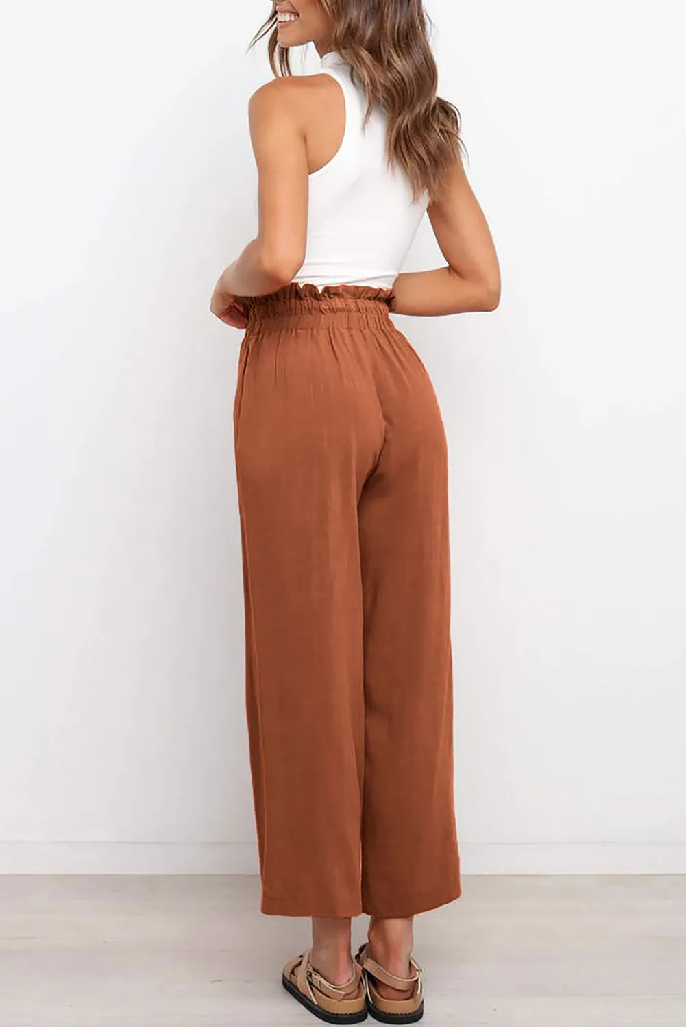 Women's High Waist Paper Bag Straight Leg Cropped Long Pants with Pocket