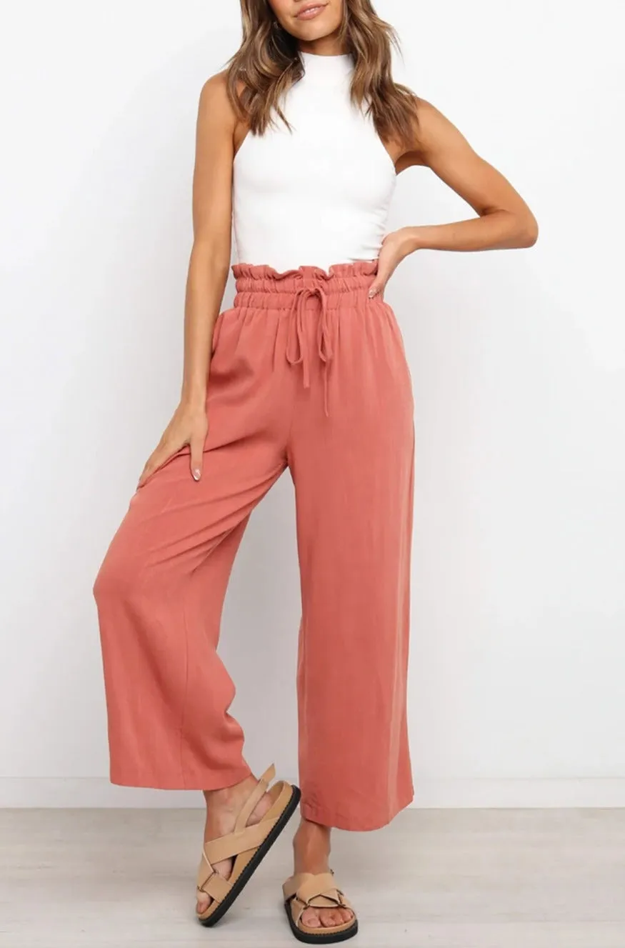 Women's High Waist Paper Bag Straight Leg Cropped Long Pants with Pocket