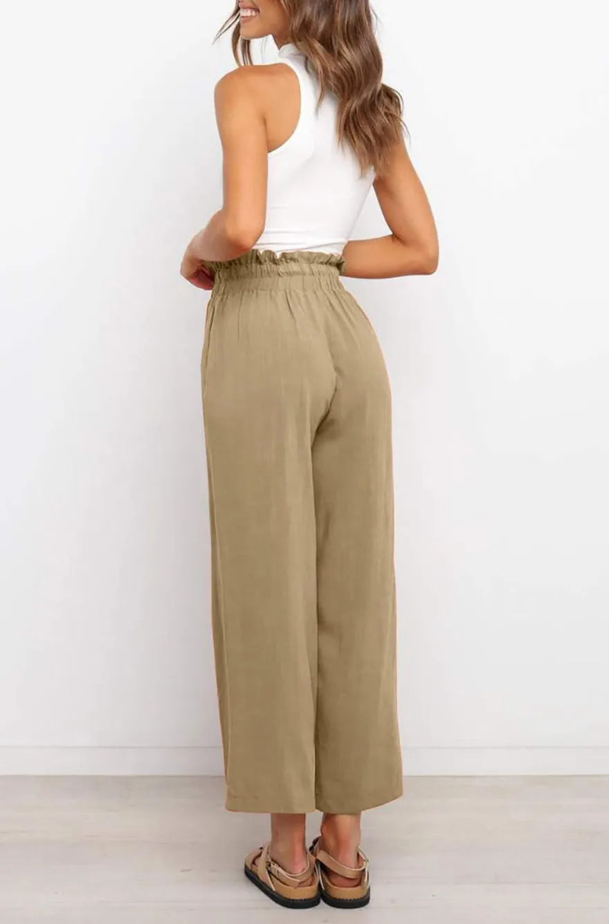 Women's High Waist Paper Bag Straight Leg Cropped Long Pants with Pocket