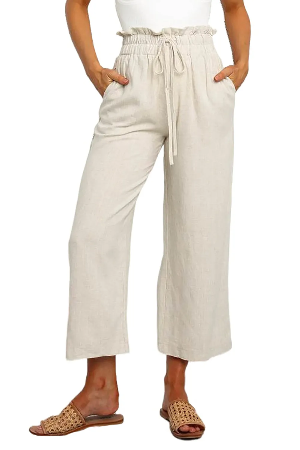 Women's High Waist Paper Bag Straight Leg Cropped Long Pants with Pocket