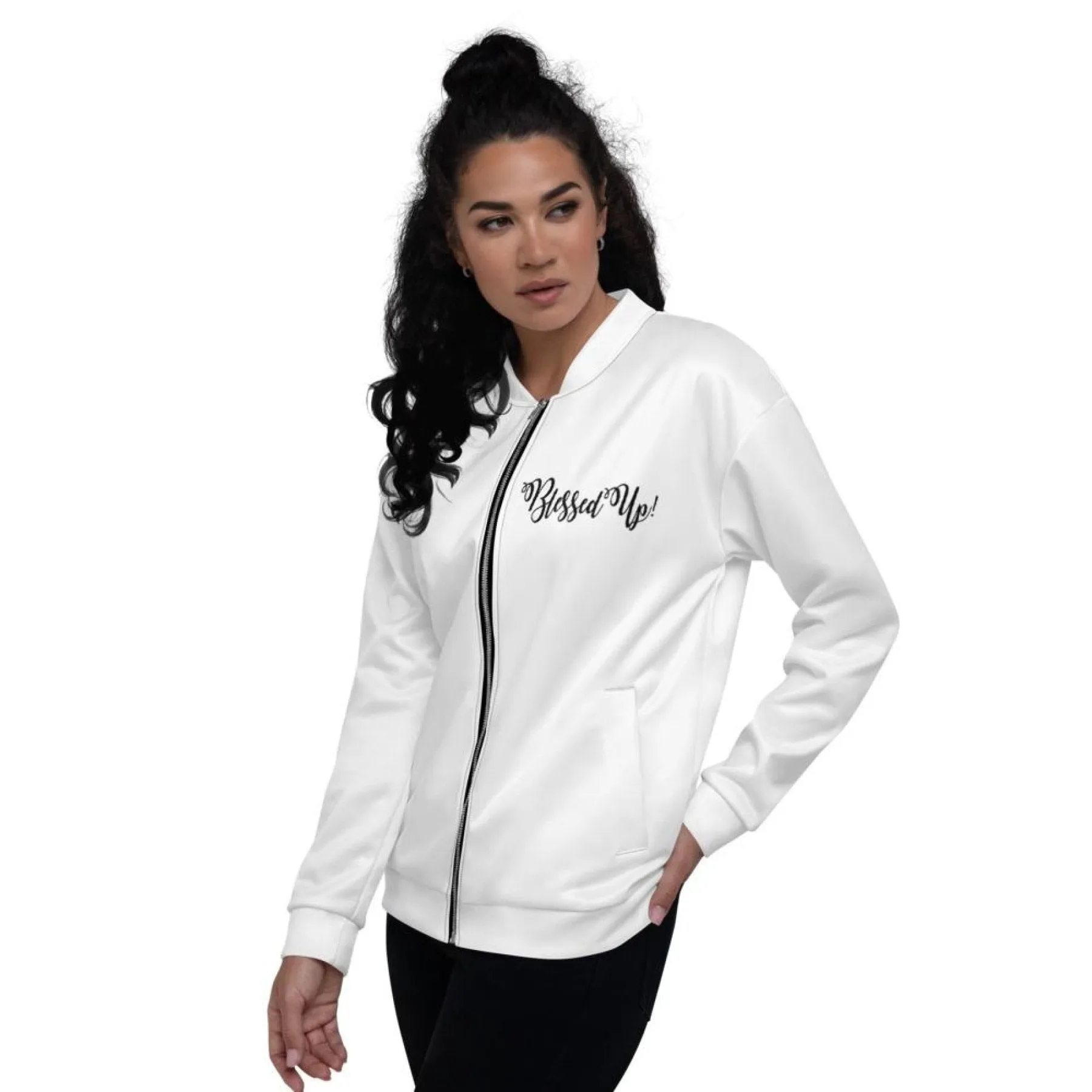 Womens Jacket - Blessed Up Graphic Text Bomber Jacket