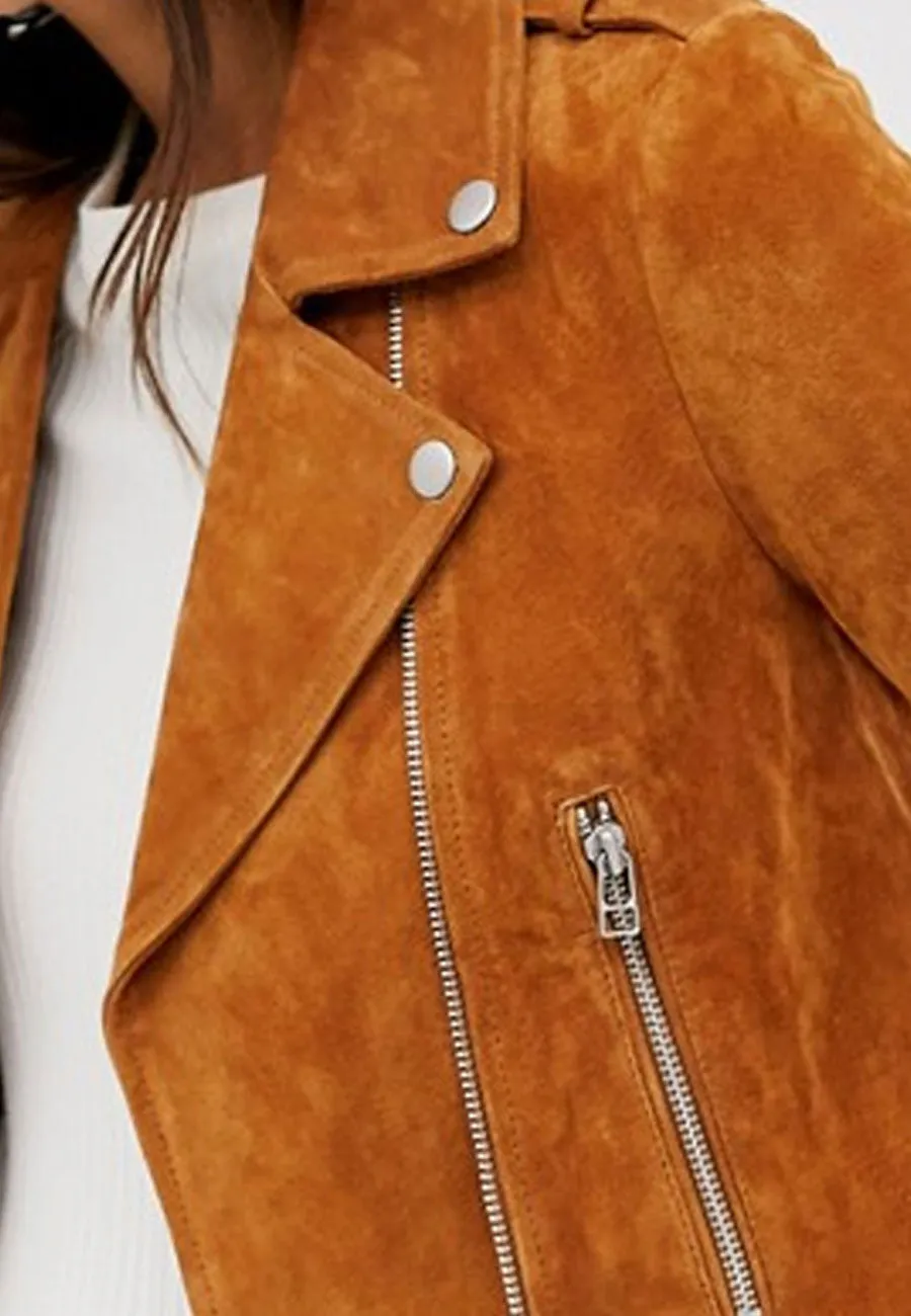 Women’s Tan Brown Suede Leather Biker Jacket