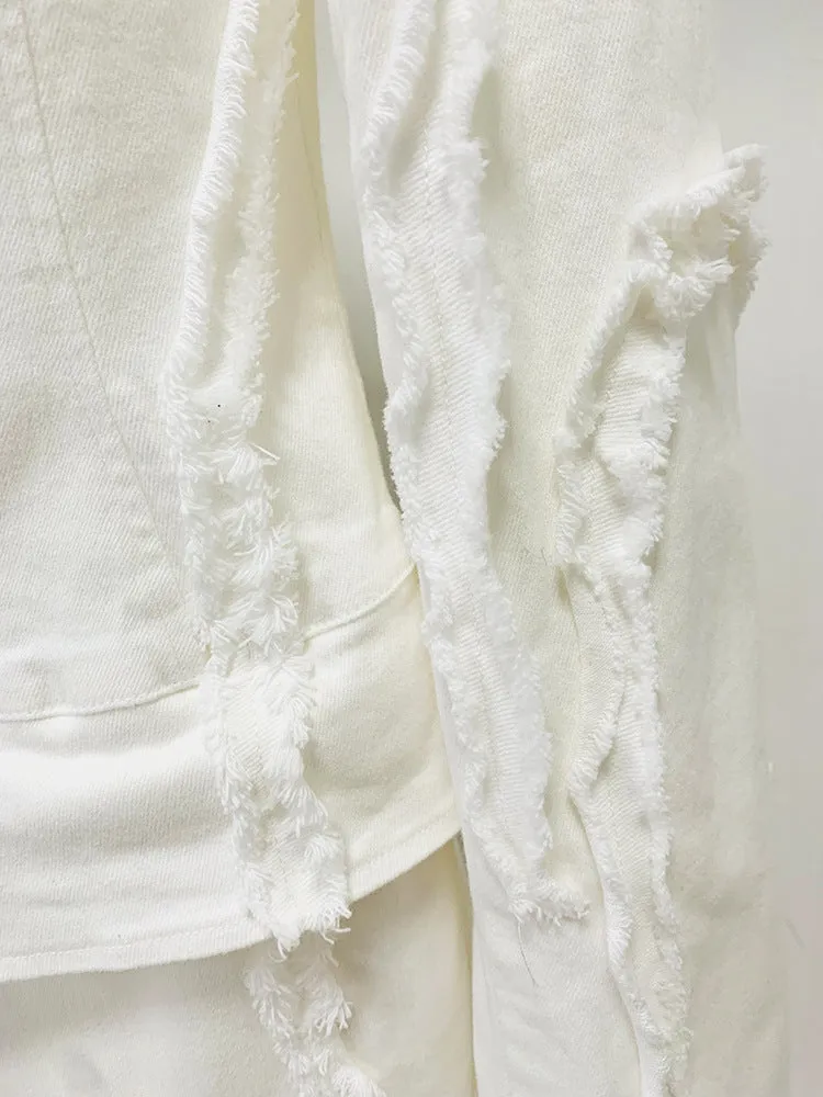 Women's White Denim Fringe Tassel Blazer with Padded Shoulders   Flare Trousers