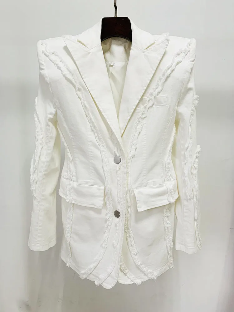 Women's White Denim Fringe Tassel Blazer with Padded Shoulders   Flare Trousers