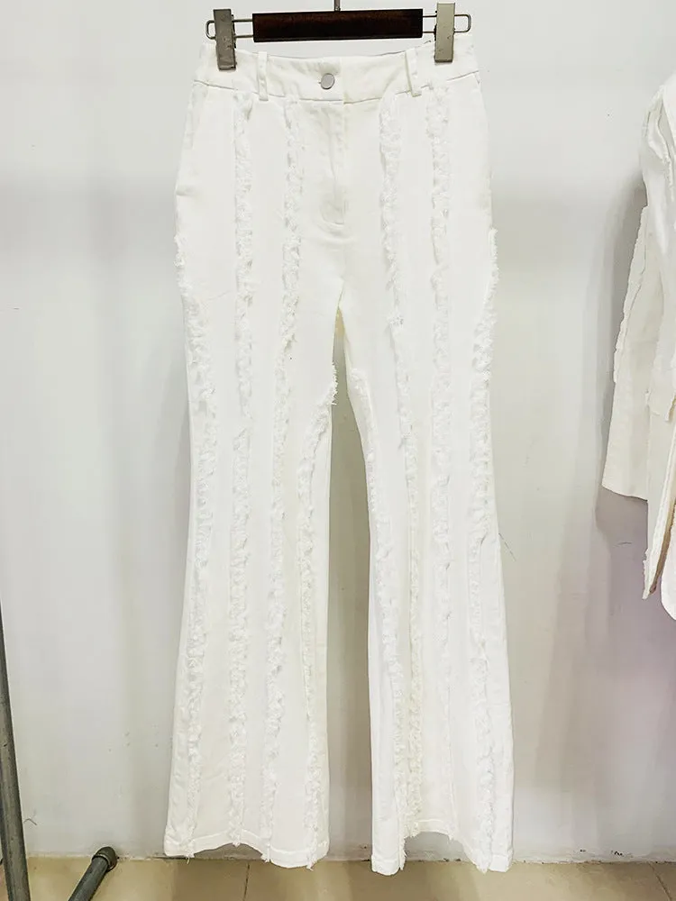 Women's White Denim Fringe Tassel Blazer with Padded Shoulders   Flare Trousers