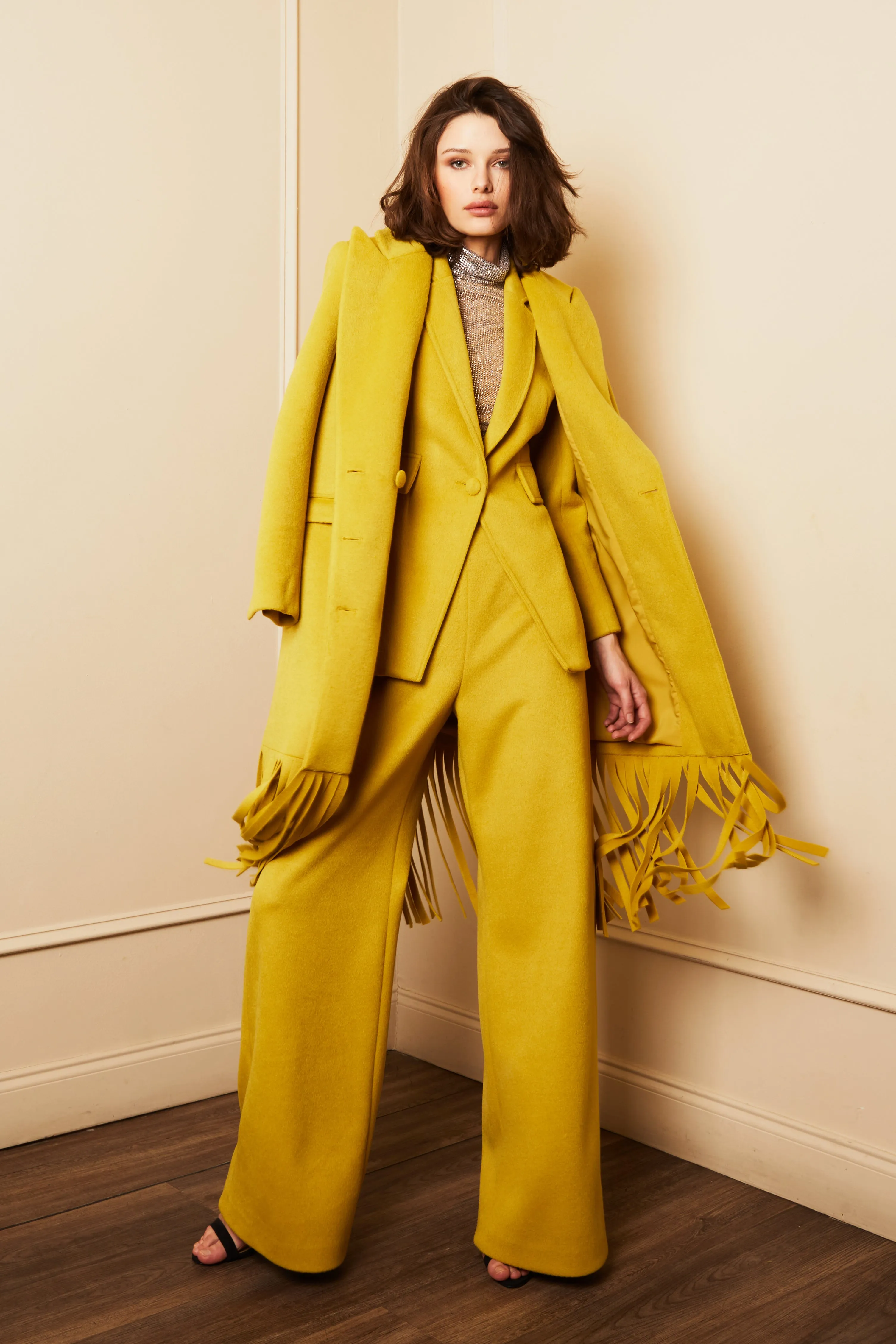 Wool Cashmere Tuxedo Fringe Coat Citrine