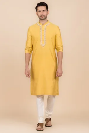 Yellow Kurta Set With Embroidered Placket