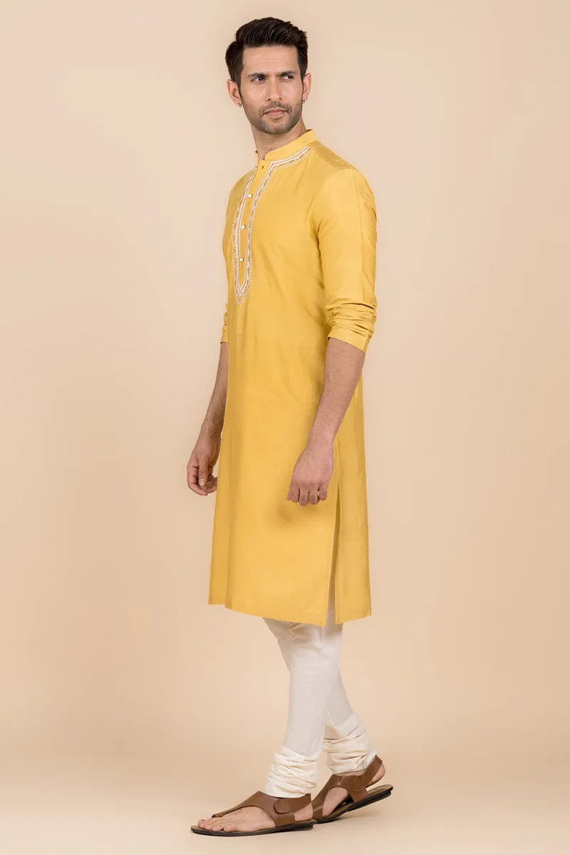 Yellow Kurta Set With Embroidered Placket