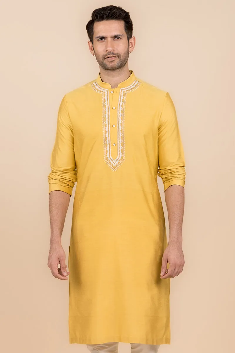 Yellow Kurta Set With Embroidered Placket